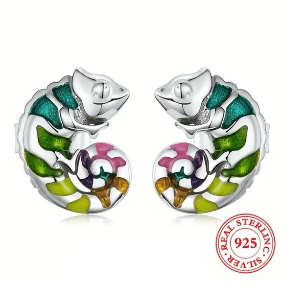 Delicate 925 Sterling Multicolored Silver Dragon Design Stud Earrings - Picture 2 of 6